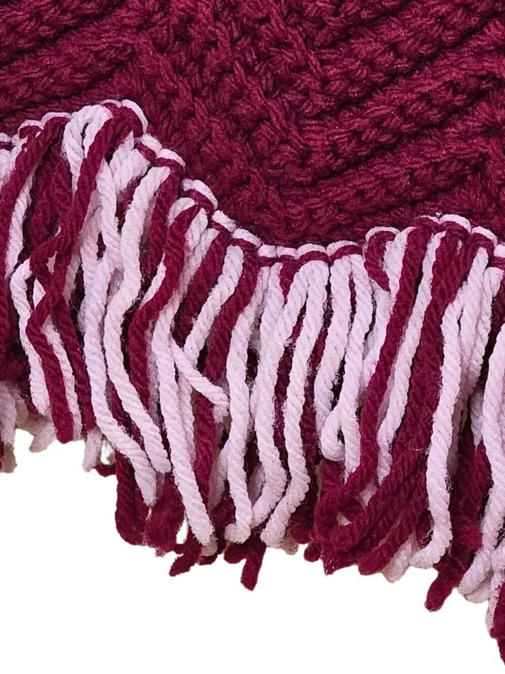 Vintage Handmade Chevron Afghan Blanket Pink Burgundy Fringed Knitted 72